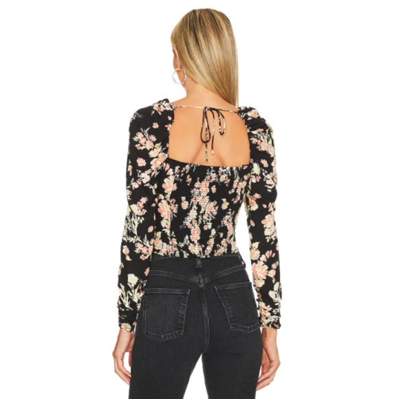 Free People NWT Hilary Floral Print Puff Sleeves Cropped Top Black Combo Medium - Picture 2 of 12